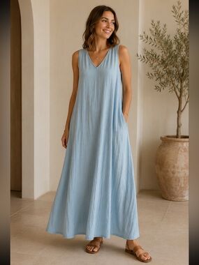 Caslon Maxi Dress Sky Blue Size S Coastal Chic Effertless Bohemian 100% cotton